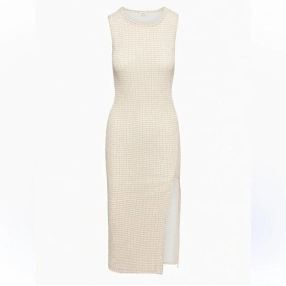 Aritzia Wilfred Verona Gingham Sleeveless Seersucker Midi Beige Size Large - Picture 4 of 10